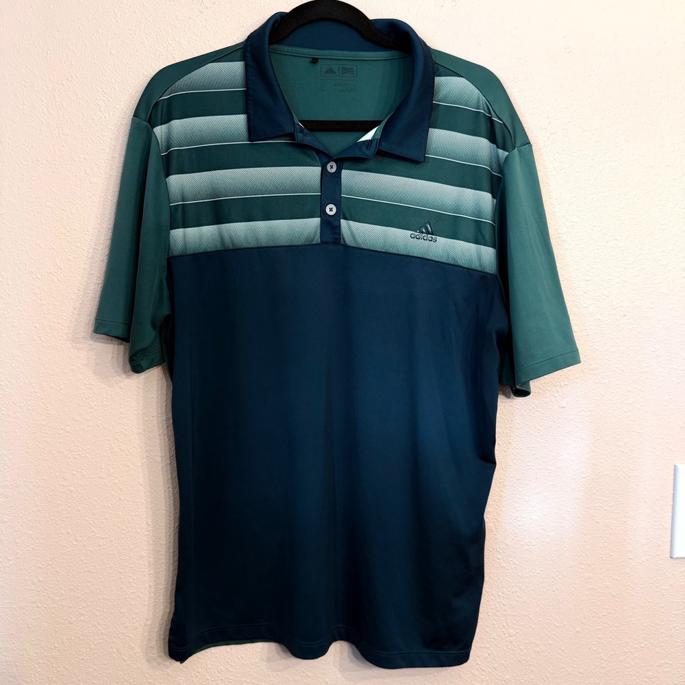 Adidas Golf Mens Large Green Striped Colorblock Performance Polo Shirt BC2950